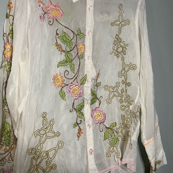 Johnny Was White Ramie Button Blouse Floral Embroidery Lightweight Blouse - Picture 10 of 13